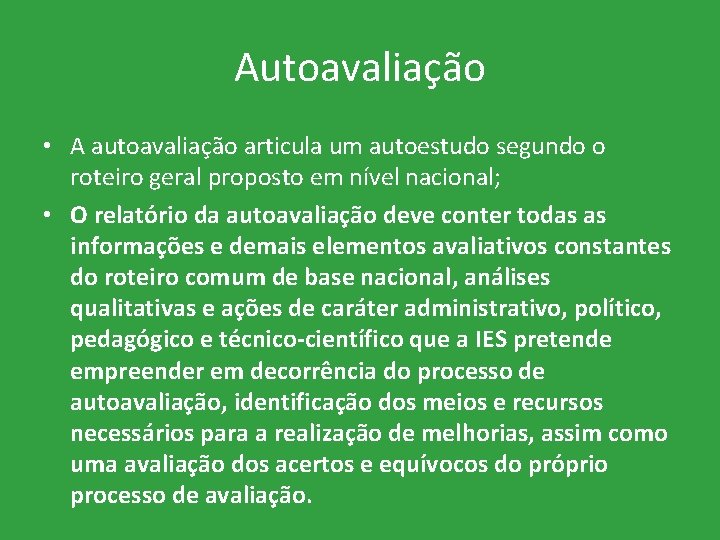 Autoavaliação • A autoavaliação articula um autoestudo segundo o roteiro geral proposto em nível