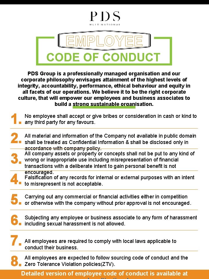 EMPLOYEE CODE OF CONDUCT PDS Group is a professionally managed organisation and our corporate