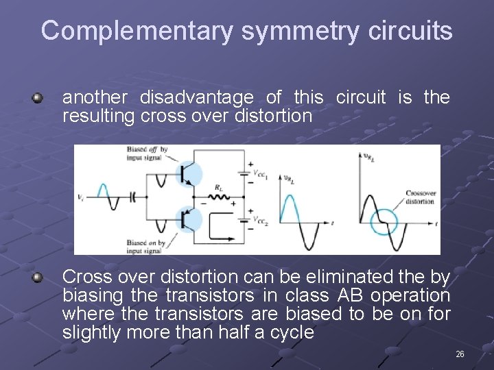 Complementary symmetry circuits another disadvantage of this circuit is the resulting cross over distortion