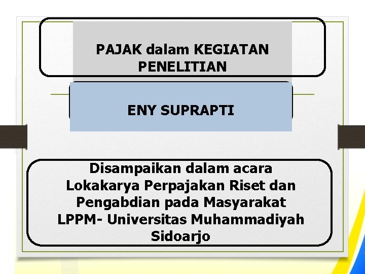 PAJAK dalam KEGIATAN PENELITIAN ENY SUPRAPTI Disampaikan dalam acara Lokakarya Perpajakan Riset dan Pengabdian