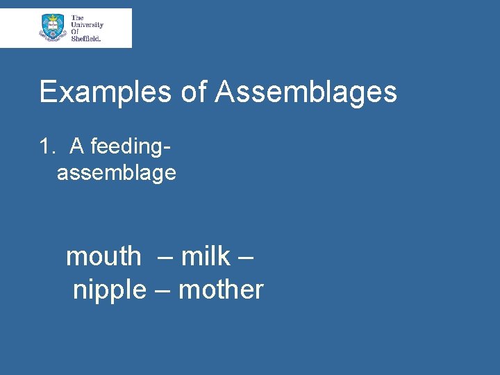 Examples of Assemblages 1. A feedingassemblage mouth – milk – nipple – mother 