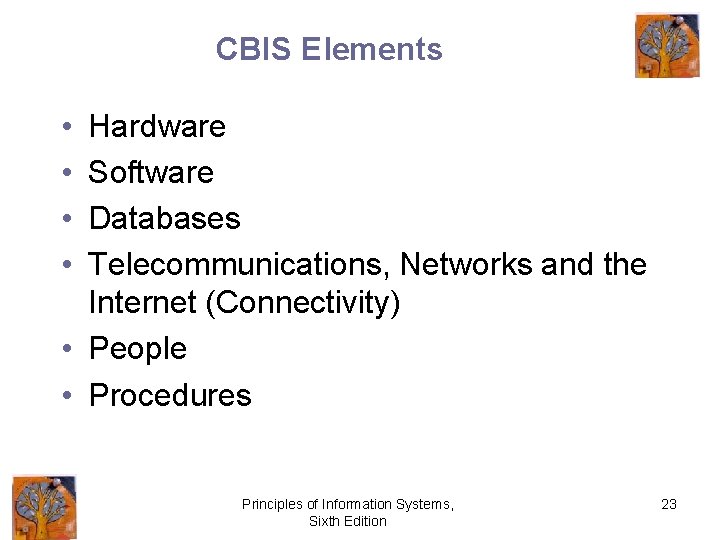 CBIS Elements • • Hardware Software Databases Telecommunications, Networks and the Internet (Connectivity) •