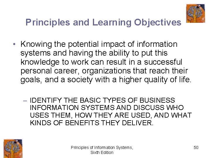 Principles and Learning Objectives • Knowing the potential impact of information systems and having