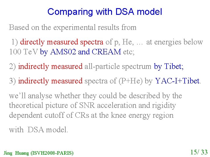 Comparing with DSA model Based on the experimental results from 1) directly measured spectra