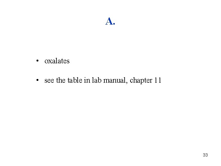 A. • oxalates • see the table in lab manual, chapter 11 33 