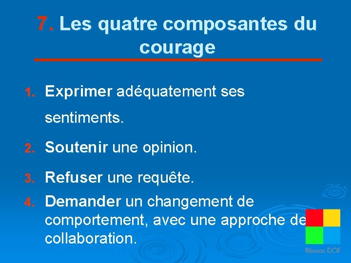 7. Les quatre composantes du courage 1. Exprimer adéquatement ses sentiments. 2. Soutenir une