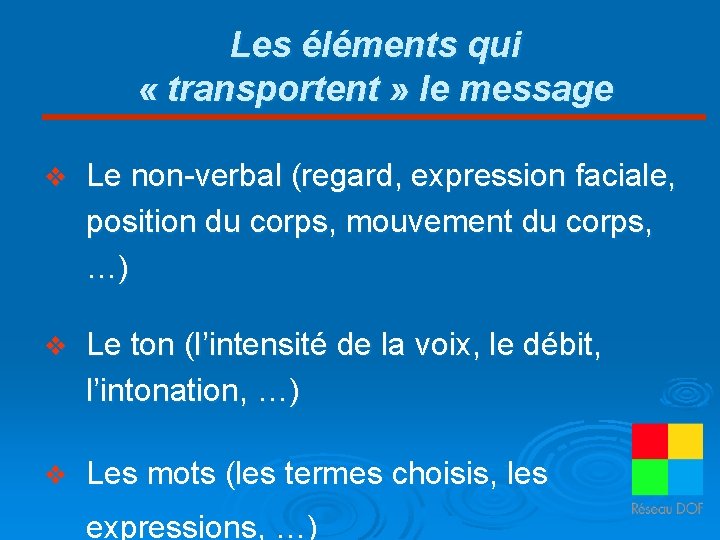 Les éléments qui « transportent » le message v Le non-verbal (regard, expression faciale,