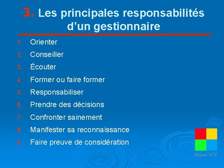 3. Les principales responsabilités d’un gestionnaire 1. Orienter 2. Conseiller 3. Écouter 4. Former