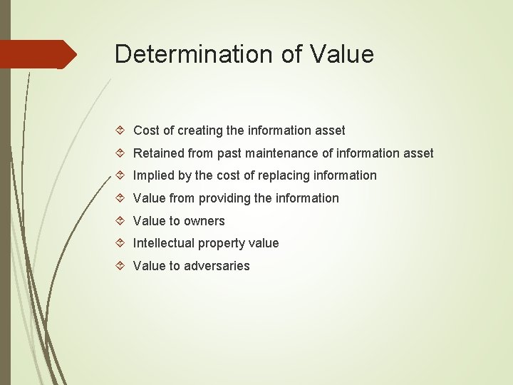 Determination of Value Cost of creating the information asset Retained from past maintenance of