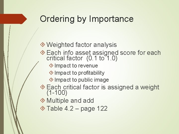 Ordering by Importance Weighted factor analysis Each info asset assigned score for each critical