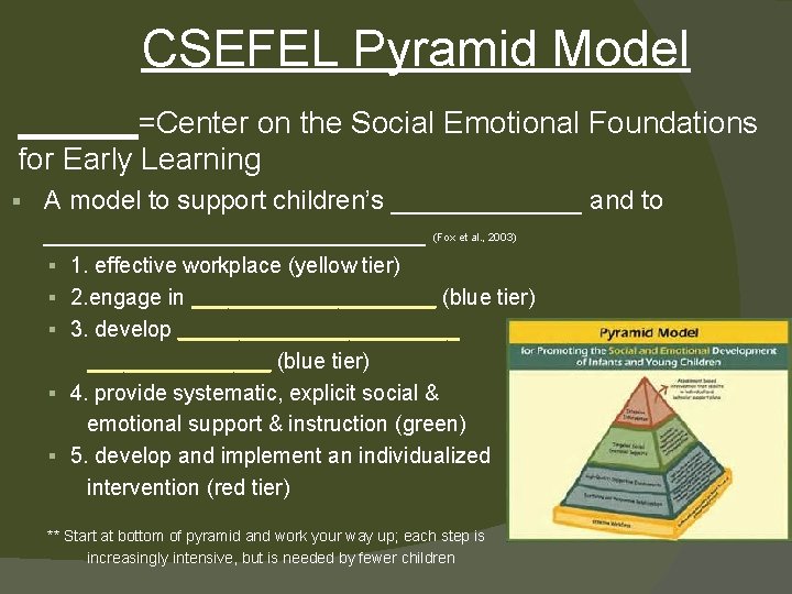 CSEFEL Pyramid Model _______=Center on the Social Emotional Foundations for Early Learning § A