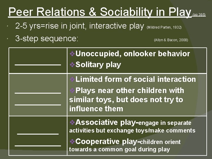 Peer Relations & Sociability in Play 2 -5 yrs=rise in joint, interactive play (Mildred