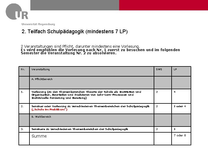 2. Teilfach Schulpädagogik (mindestens 7 LP) 2 Veranstaltungen sind Pflicht, darunter mindestens eine Vorlesung.