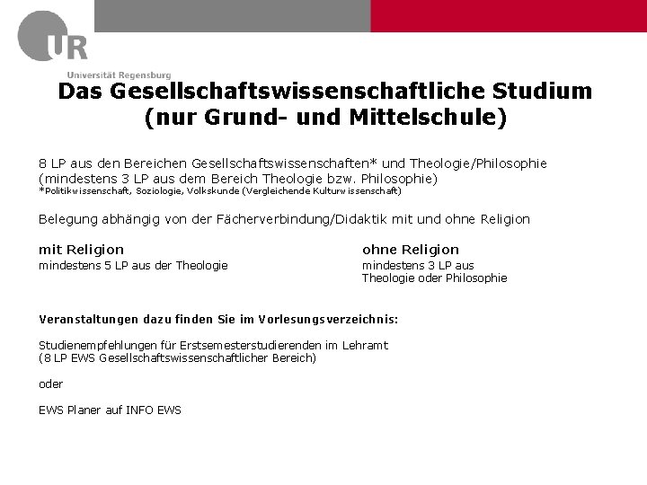 Das Gesellschaftswissenschaftliche Studium (nur Grund- und Mittelschule) 8 LP aus den Bereichen Gesellschaftswissenschaften* und