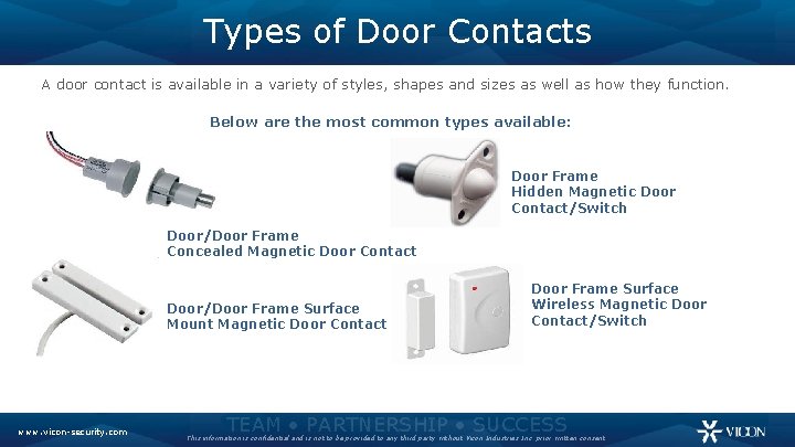 Types of Door Contacts A door contact is available in a variety of styles,