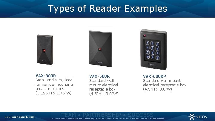 Types of Reader Examples VAX-300 R Small and slim; ideal for narrow mounting areas