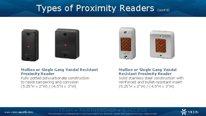 Types of Proximity Readers Mullion or Single Gang Vandal Resistant Proximity Reader Fully potted