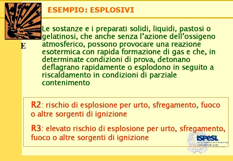 25 ESEMPIO: ESPLOSIVI E Le sostanze e i preparati solidi, liquidi, pastosi o gelatinosi,