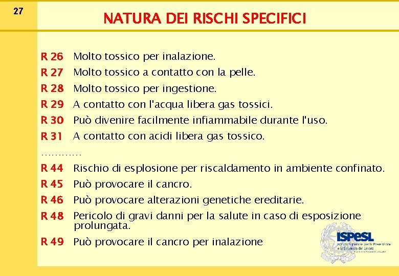 27 NATURA DEI RISCHI SPECIFICI R 26 Molto tossico per inalazione. R 27 Molto