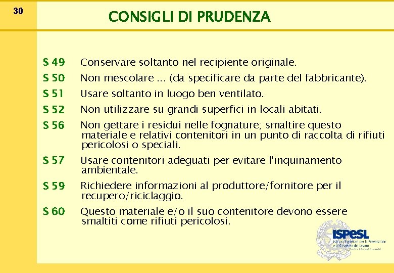 30 CONSIGLI DI PRUDENZA S 49 Conservare soltanto nel recipiente originale. S 50 Non