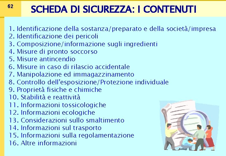 62 SCHEDA DI SICUREZZA: I CONTENUTI 1. Identificazione della sostanza/preparato e della società/impresa 2.