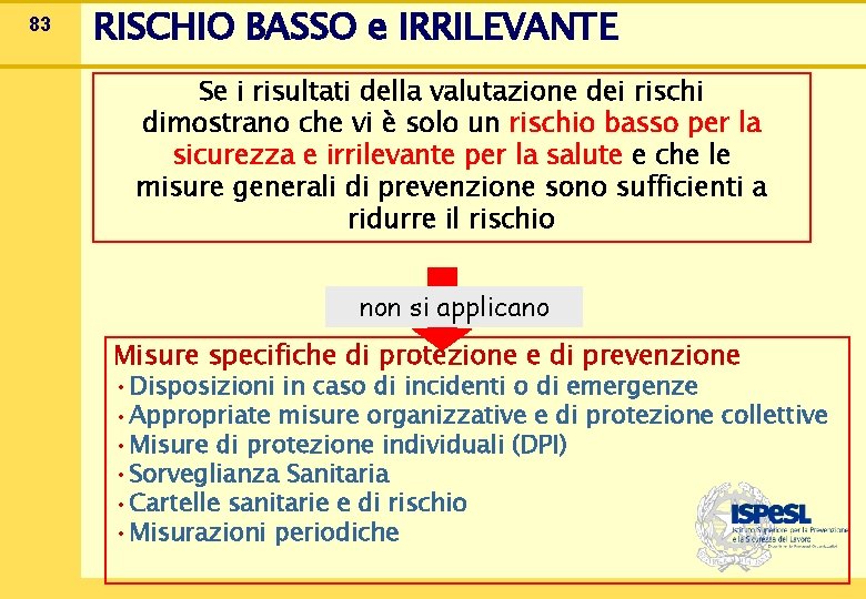 83 RISCHIO BASSO e IRRILEVANTE Se i risultati della valutazione dei rischi dimostrano che