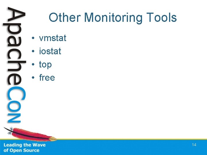 Other Monitoring Tools • • vmstat iostat top free 14 