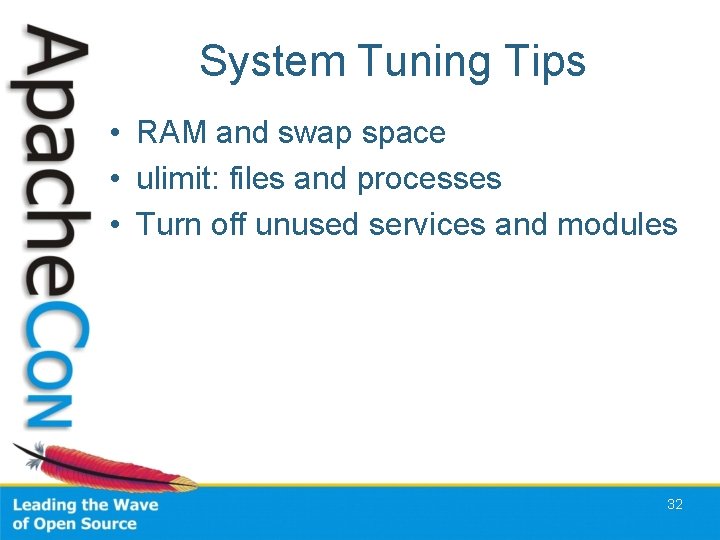 System Tuning Tips • RAM and swap space • ulimit: files and processes •