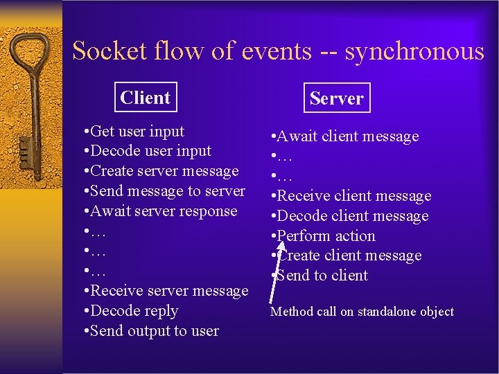 Socket flow of events -- synchronous Client • Get user input • Decode user