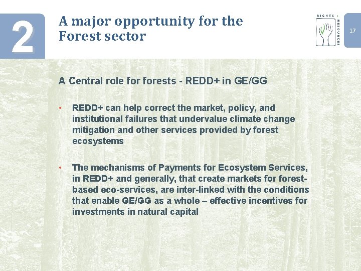 2 A major opportunity for the Forest sector A Central role forests - REDD+