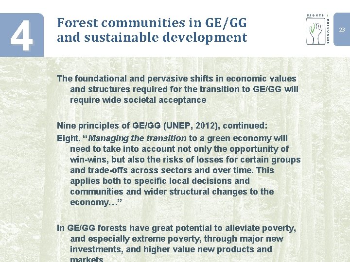 4 Forest communities in GE/GG and sustainable development The foundational and pervasive shifts in