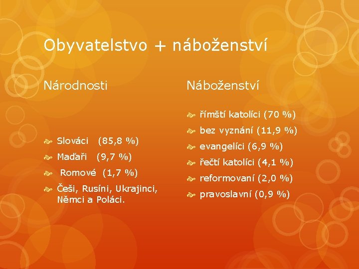 Obyvatelstvo + náboženství Národnosti Náboženství římští katolíci (70 %) Slováci (85, 8 %) Maďaři