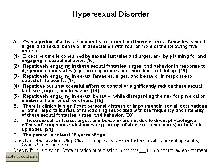 Hypersexual Disorder A. Over a period of at least six months, recurrent and intense