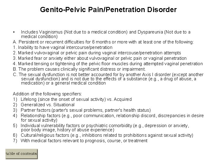 Genito-Pelvic Pain/Penetration Disorder • Includes Vaginismus (Not due to a medical condition) and Dyspareunia