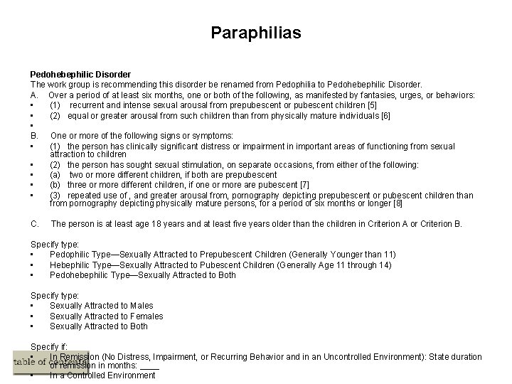 Paraphilias Pedohebephilic Disorder The work group is recommending this disorder be renamed from Pedophilia