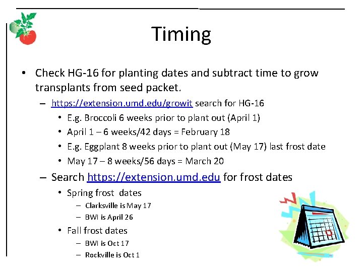 Timing • Check HG-16 for planting dates and subtract time to grow transplants from