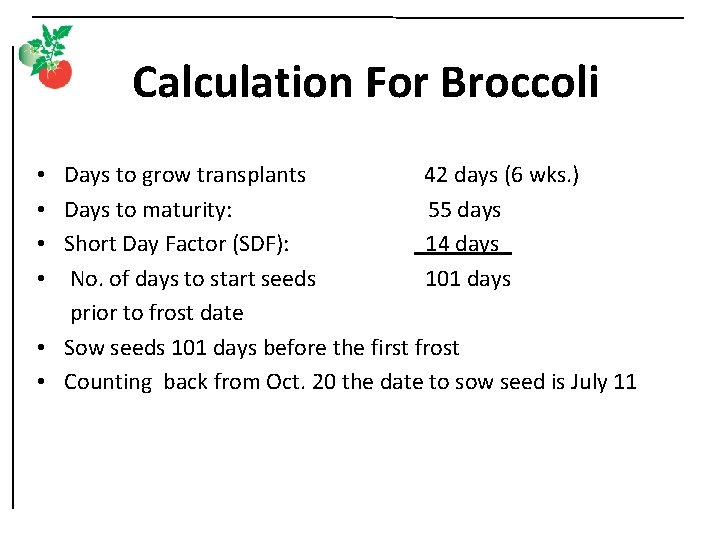 Calculation For Broccoli Days to grow transplants 42 days (6 wks. ) Days to