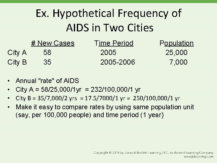 Ex. Hypothetical Frequency of AIDS in Two Cities # New Cases City A 58