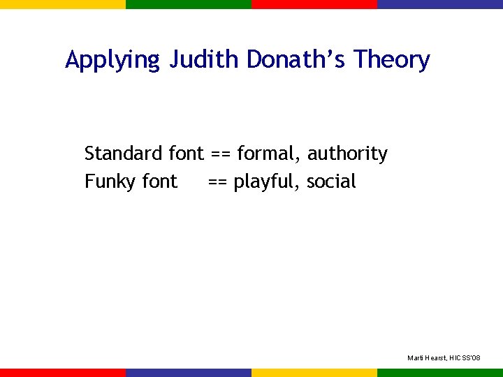 Applying Judith Donath’s Theory Standard font == formal, authority Funky font == playful, social