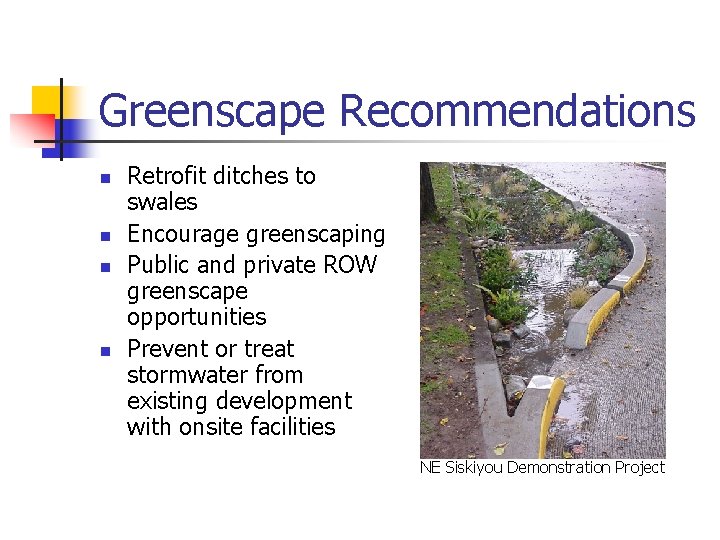 Greenscape Recommendations n n Retrofit ditches to swales Encourage greenscaping Public and private ROW