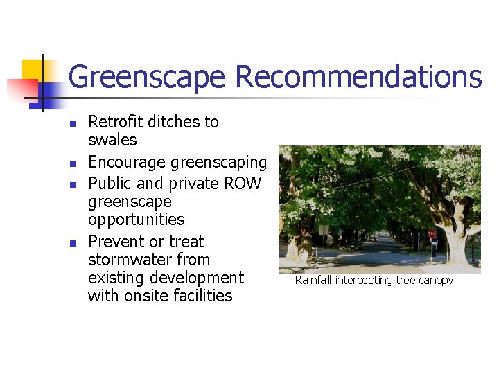 Greenscape Recommendations n n Retrofit ditches to swales Encourage greenscaping Public and private ROW