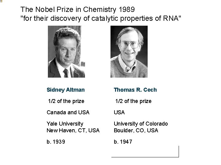 The Nobel Prize in Chemistry 1989 "for their discovery of catalytic properties of RNA" The Nobel Prize in Chemistry 1989 "for their discovery of catalytic properties of RNA"