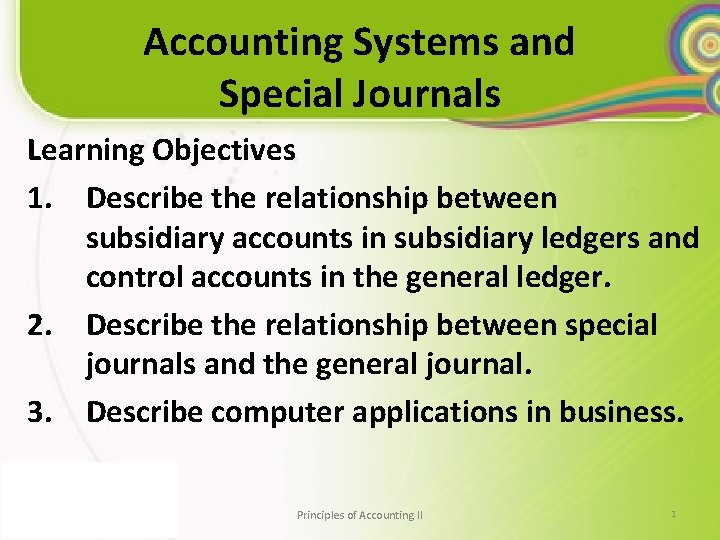 Accounting Systems and Special Journals Learning Objectives 1. Describe the relationship between subsidiary accounts