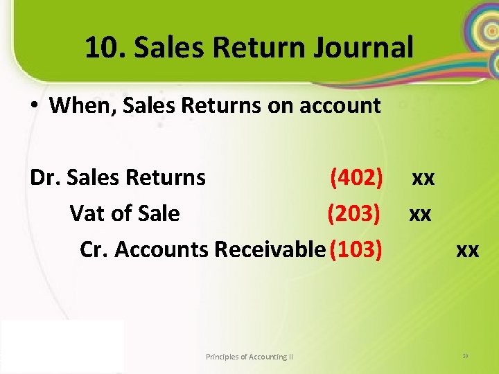 10. Sales Return Journal • When, Sales Returns on account Dr. Sales Returns (402)