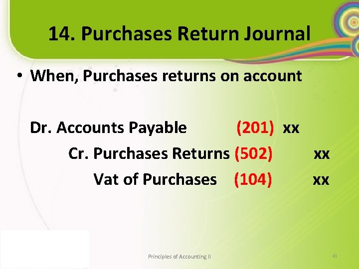 14. Purchases Return Journal • When, Purchases returns on account Dr. Accounts Payable (201)
