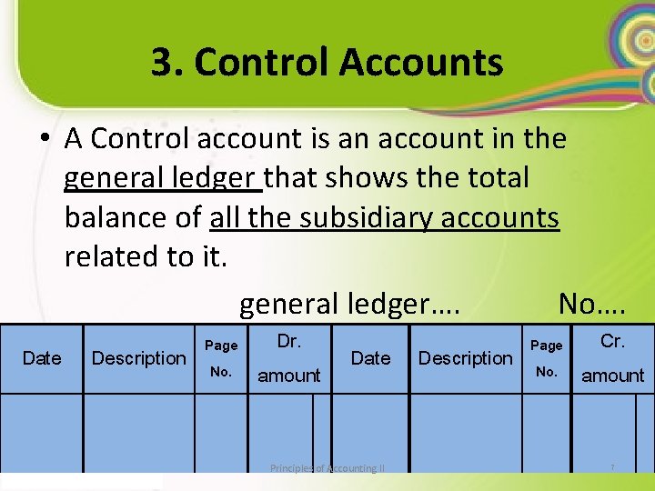 3. Control Accounts • A Control account is an account in the general ledger