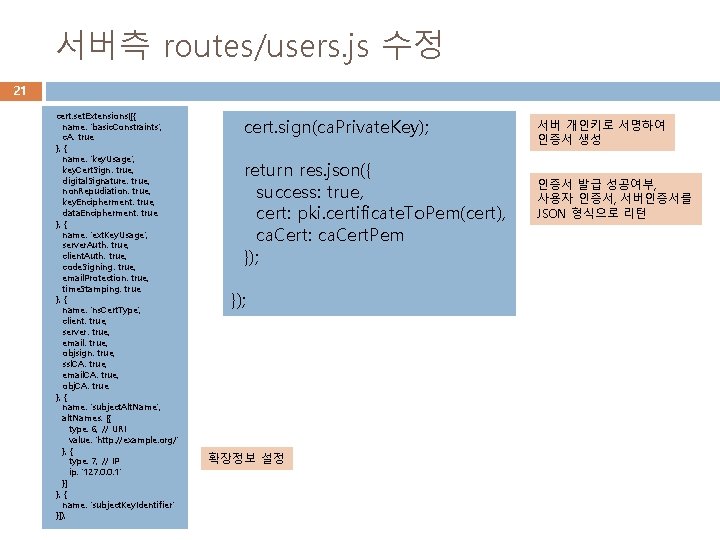 서버측 routes/users. js 수정 21 cert. set. Extensions([{ name: 'basic. Constraints', c. A: true