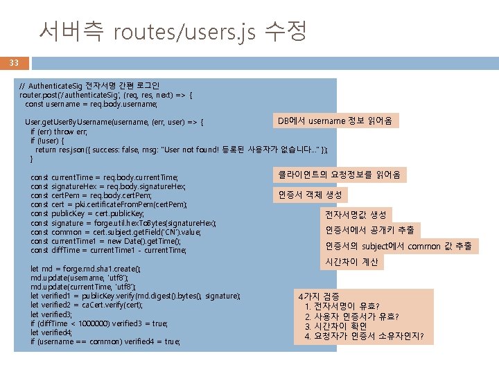 서버측 routes/users. js 수정 33 // Authenticate. Sig 전자서명 간편 로그인 router. post('/authenticate. Sig',