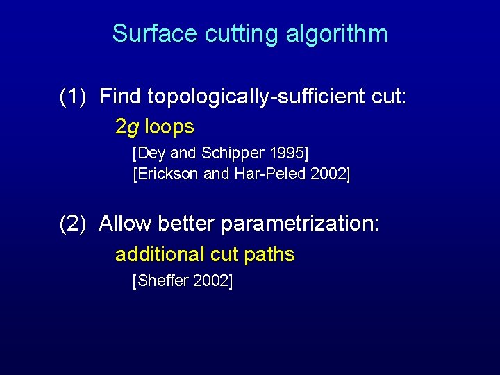 Surface cutting algorithm (1) Find topologically-sufficient cut: 2 g loops [Dey and Schipper 1995]