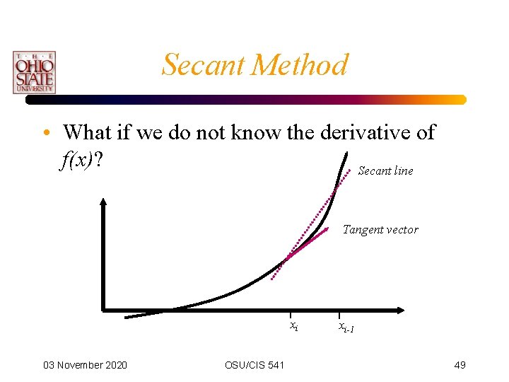 Secant Method • What if we do not know the derivative of f(x)? Secant